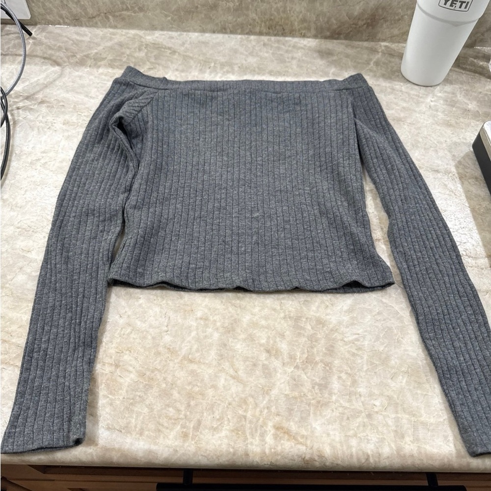 Gray Ribbed Off-Shoulder Top